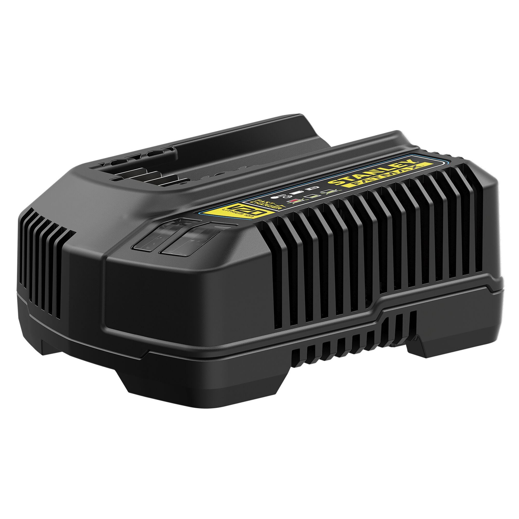 Angle view of a STANLEY FATMAX 20V battery charger on a white background